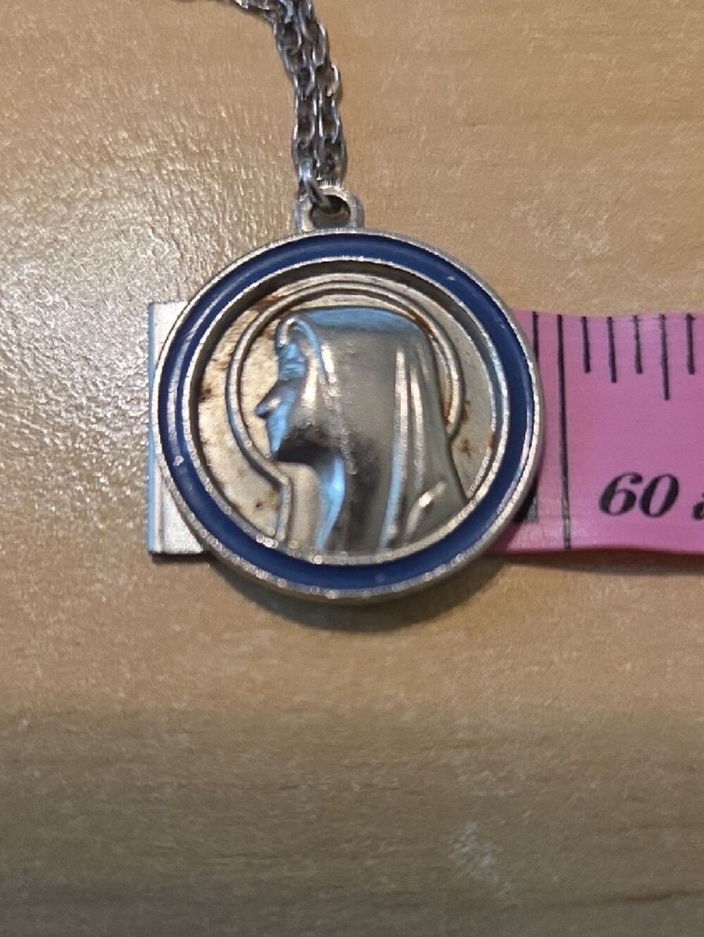 Mother Mary Madonna pendant Silver-Tone Blue Enamel Religious Pendant Necklace - Picture 4 of 9
